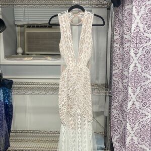 Luxxel Nude and White Beaded Backless Evening Gown